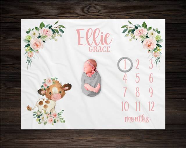Floral Cow Milestone Blanket Personalized Monthly Growth Tracker Custom Baby Shower Gift Newborn Farm Nursery - image 1