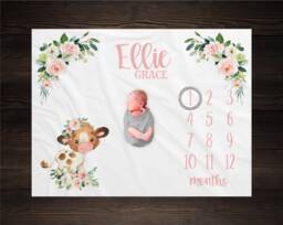 Floral Cow Milestone Blanket Personalized Monthly Growth Tracker Custom Baby Shower Gift Newborn Farm Nursery - thumbnail 1
