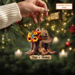 Custom Name Cowboy Couple Flower Christmas Ornament, Tree Hanging Decor, Flat 2D Ornament Acrylic/ Wooden, Gift For - thumbnail 3
