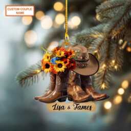 Custom Name Cowboy Couple Flower Christmas Ornament, Tree Hanging Decor, Flat 2D Ornament Acrylic/ Wooden, Gift For - thumbnail 2