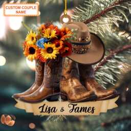 Custom Name Cowboy Couple Flower Christmas Ornament, Tree Hanging Decor, Flat 2D Ornament Acrylic/ Wooden, Gift For