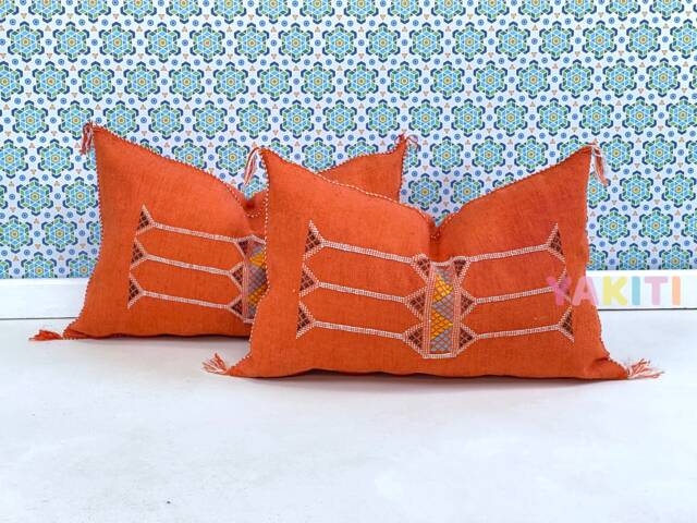 Yakiti-Orange Square Moroccan Pillows, Aka Cactus Silk Pillow, Decorative Pillows, Sabra Pillows, Moroccan Decor Designer Cactus - image 1