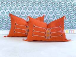 Yakiti-Orange Square Moroccan Pillows, Aka Cactus Silk Pillow, Decorative Pillows, Sabra Pillows, Moroccan Decor Designer Cactus