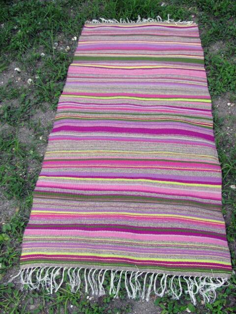 Handwoven Wool Rug - Green Purple Stripes, Vibrant Modern Design, Natural Textile - image 1