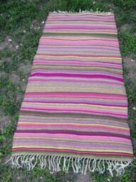 Handwoven Wool Rug - Green Purple Stripes, Vibrant Modern Design, Natural Textile - thumbnail 1