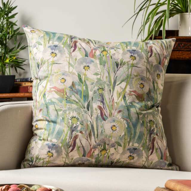 Watercolour Dandelion Linen Blend Extra-Large Cushion. Teal Blue, Greens & Yellow Floral Garden Design. 23X23 - image 1