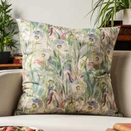 Watercolour Dandelion Linen Blend Extra-Large Cushion. Teal Blue, Greens & Yellow Floral Garden Design. 23X23 - thumbnail 1