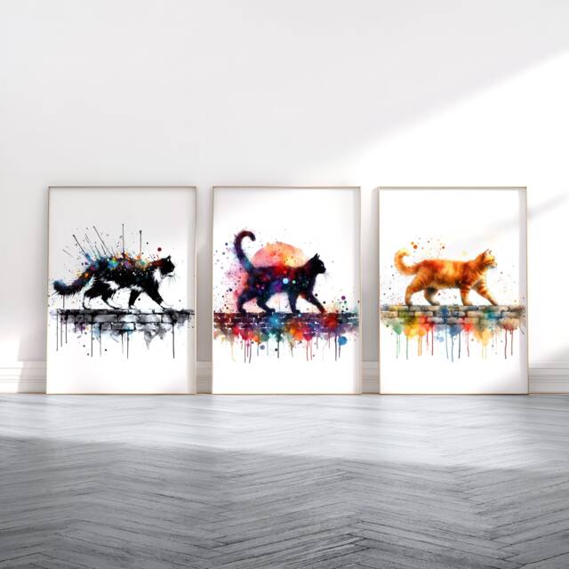 Cats On A Wall Poster Set - Of 3 Prints - Watercolour Cat Print Lover Picture Art Home Decor Tuxedo, Ginger, Black - image 1