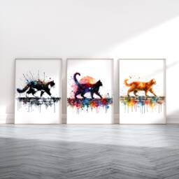 Cats On A Wall Poster Set - Of 3 Prints - Watercolour Cat Print Lover Picture Art Home Decor Tuxedo, Ginger, Black - thumbnail 1
