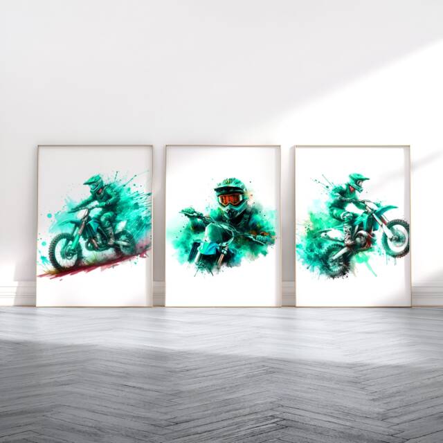 Motocross Poster Prints - Turquoise Set Of 3 Watercolour Dirt Bikes - Motorcycle Print Kids Wall Art Motor Artwork Boys Bedoom Decor - image 1