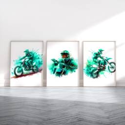 Motocross Poster Prints - Turquoise Set Of 3 Watercolour Dirt Bikes - Motorcycle Print Kids Wall Art Motor Artwork Boys Bedoom Decor - thumbnail 1