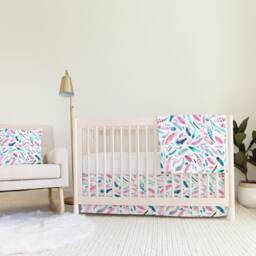 Pink Feather Boho Baby Nursery Set Organic Cotton Swaddle Blanket - thumbnail 2
