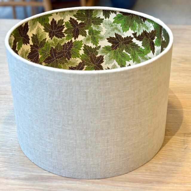 Luxury Lampshade Using Beautiful Japanese Chirugami - Yuzen Paper Sandy Beige Linen Exterior Green Leaves Interior - image 1