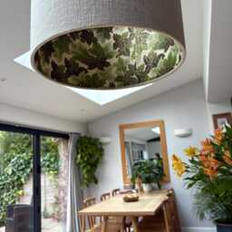 Luxury Lampshade Using Beautiful Japanese Chirugami - Yuzen Paper Sandy Beige Linen Exterior Green Leaves Interior - thumbnail 4