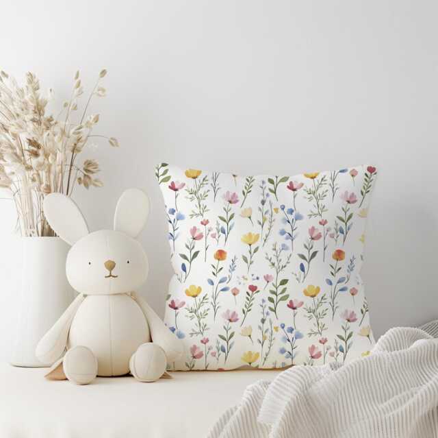 Watercolour Flowers Pillow - Colourful Square Pillow, Kids Square Throw Pillow Decor, Children's Room Decor, Cotbed Bedding, Floral Bedding