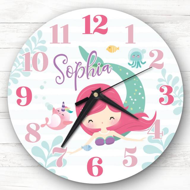 Pink Hair Mermaid Girls Room Custom Gift Personalised Clock - image 1