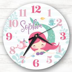 Pink Hair Mermaid Girls Room Custom Gift Personalised Clock - thumbnail 1