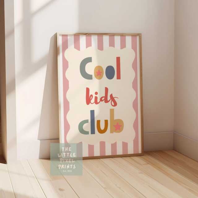 Cool Kids Club Print With Stripey Background, Scalloped Retro Bedroom Playroom - image 1
