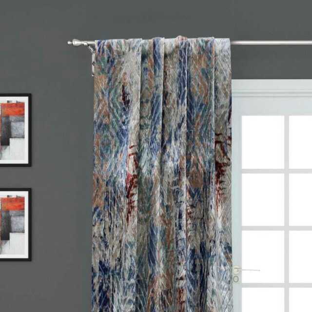 Artistic Ivory, Blue Printed Velvet Geometric Curtain Panels - Rod Pocket, Grommet, Box Pleat, Three Pinch Tab Top & Plain Ring Top - image 1