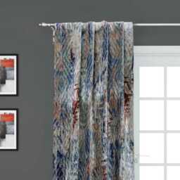 Artistic Ivory, Blue Printed Velvet Geometric Curtain Panels - Rod Pocket, Grommet, Box Pleat, Three Pinch Tab Top & Plain Ring Top - thumbnail 1
