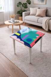 Small Colorful Furniture, Blue Abstract Resin Art Side Coffee Table