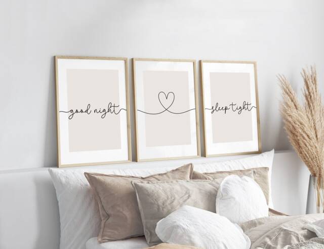 Bedroom Prints, Good Night Sleep Tight, Set Of 3, Neutral Print, Beige Home Love Above Bed Wall Art - image 1