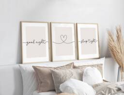 Bedroom Prints, Good Night Sleep Tight, Set Of 3, Neutral Print, Beige Home Love Above Bed Wall Art - thumbnail 1