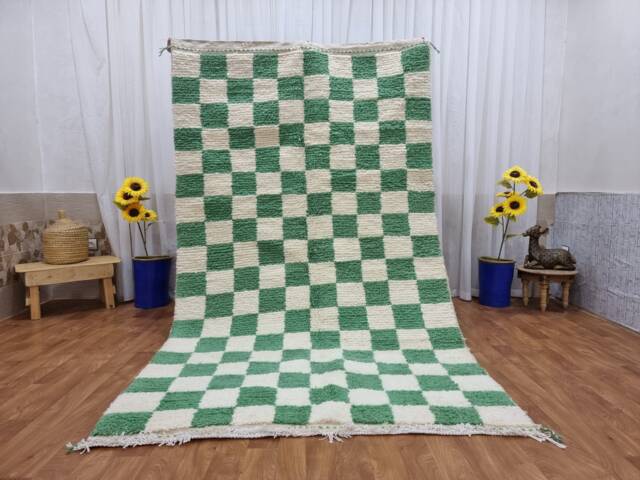 Hand Knotted Wool Moroccan Berber Rug, Light Green Checkered Area Rug - image 1