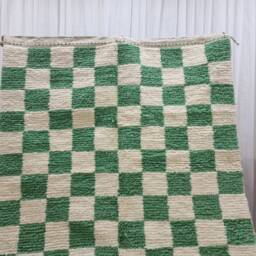 Hand Knotted Wool Moroccan Berber Rug, Light Green Checkered Area Rug - thumbnail 3