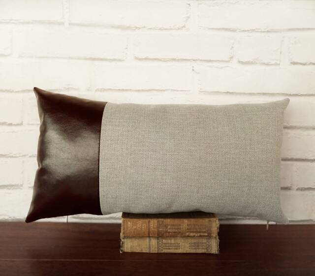 Dark Brown Faux Leather Lumbar Pillow Cover Modern Scandinavian Decor - image 1