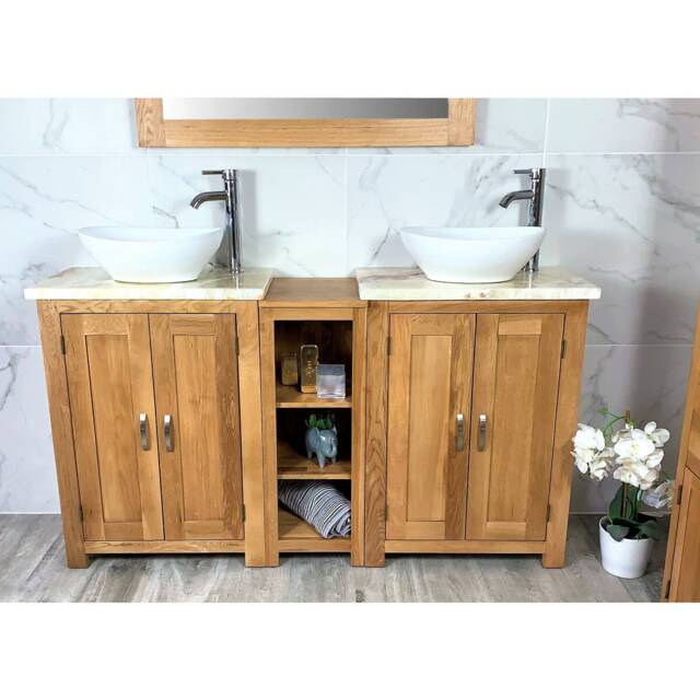 Bathroom Vanity Unit - Sink Washstand Slimline Oak With Golden Onyx Worktop & Sit On Basins Taps Plugs Included - image 1