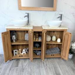 Bathroom Vanity Unit - Sink Washstand Slimline Oak With Golden Onyx Worktop & Sit On Basins Taps Plugs Included - thumbnail 2