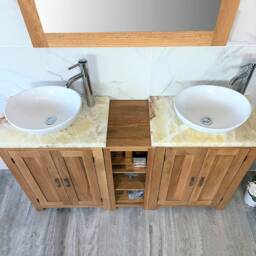 Bathroom Vanity Unit - Sink Washstand Slimline Oak With Golden Onyx Worktop & Sit On Basins Taps Plugs Included - thumbnail 3