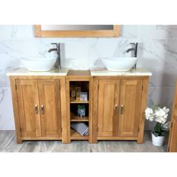 Bathroom Vanity Unit - Sink Washstand Slimline Oak With Golden Onyx Worktop & Sit On Basins Taps Plugs Included