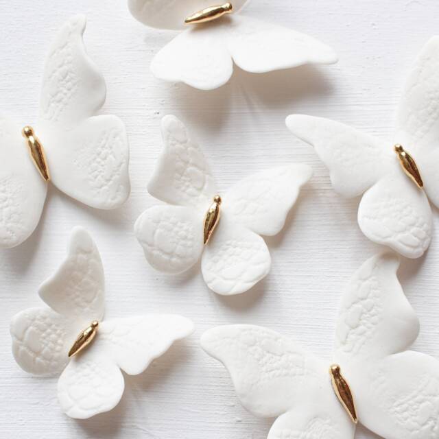 3 White Porcelain & Gold Butterflies With Lace Print For Wall Decoration - image 1