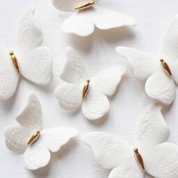 3 White Porcelain & Gold Butterflies With Lace Print For Wall Decoration - thumbnail 1