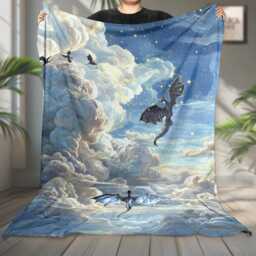 Fantasy Dragon Fly in Sky Fleece Blanket, Rider Basgiath War College Bookish Decor, Gift For Rebecca Yarros Fans - thumbnail 1