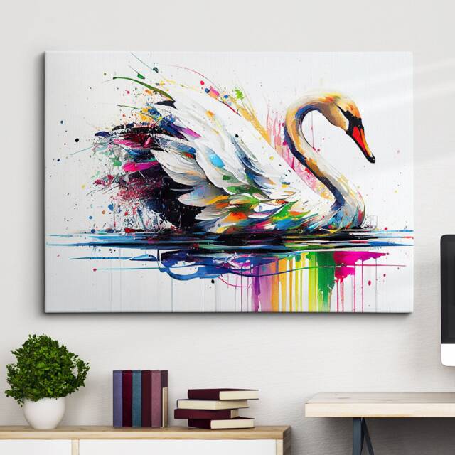 Beautiful Swan Animal Abstract Queen Oil Painting Splatter Style Wall Art Framed Canvas Poster Print, Home/Office Room Decor Gifts - image 1