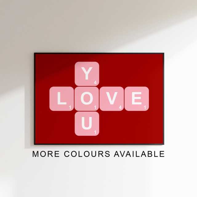 Love You Scrabble Print - Living Room Hallway Wall Art Couples Bedroom Decor Valentines Prints Pink - image 1