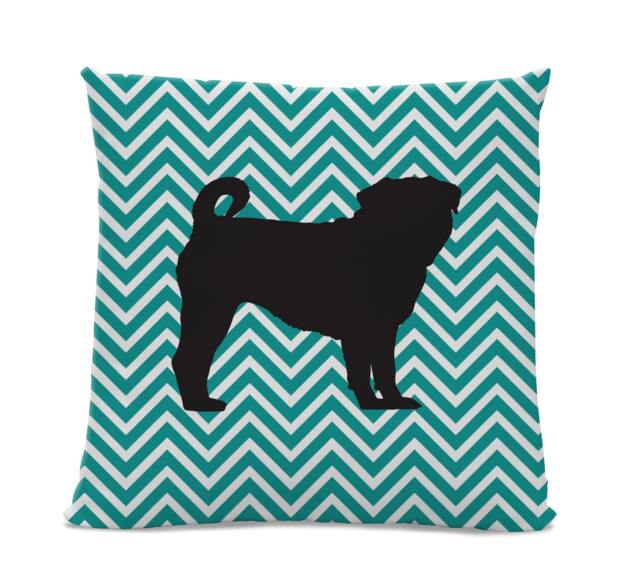 Chevron Pug Pillow - Silhouette Modern Home Decor Living Room Teal White Dog Home Decor - image 1