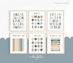 Set Of 6 Educational Prints in Blue Green, Alphabet & Numbers Prints, Classroom Playroom Decor, Kids Wall Art - thumbnail 1
