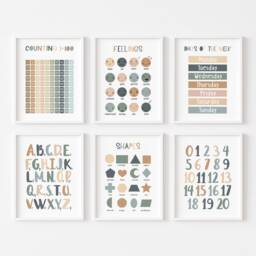 Set Of 6 Educational Prints in Blue Green, Alphabet & Numbers Prints, Classroom Playroom Decor, Kids Wall Art - thumbnail 2