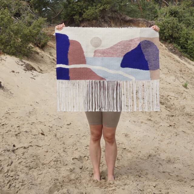 Vertical Wall Decor Hand Woven Of Recycled Wool - Elara Fiords Inspired Panorama in Navy Blue & Dusty Pink Unique Handmade Tapestry - image 1