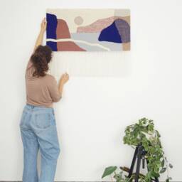 Vertical Wall Decor Hand Woven Of Recycled Wool - Elara Fiords Inspired Panorama in Navy Blue & Dusty Pink Unique Handmade Tapestry - thumbnail 2