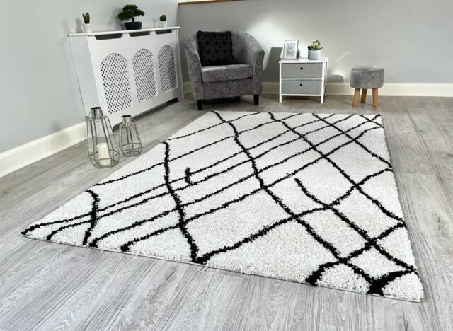 New Ivory Black Soft Modern Shaggy Rug Moroccan Sketch Design Thick Non Shed 5cm Pile - image 1