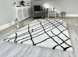 New Ivory Black Soft Modern Shaggy Rug Moroccan Sketch Design Thick Non Shed 5cm Pile