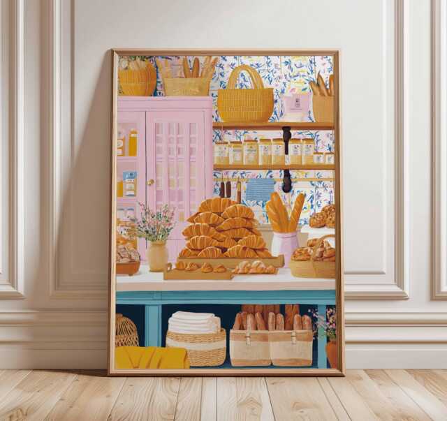 French Bakery Wall Art Print, Croissant & Bread Shop Poster, Rustic Kitchen Decor Food Artwork - image 1