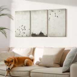 Set Of 3 Canvas Prints - Birds in Flight Painted Minimalist Style, Beige Photo Print, Animals Wall Decor - thumbnail 3