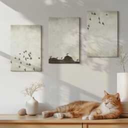 Set Of 3 Canvas Prints - Birds in Flight Painted Minimalist Style, Beige Photo Print, Animals Wall Decor - thumbnail 2