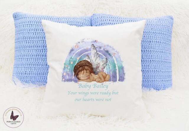 Personalised Angel Baby Cushion, Rainbow Memory Keepsake, Your Wings Were Ready But Our Hearts Not, Sleeping - image 1